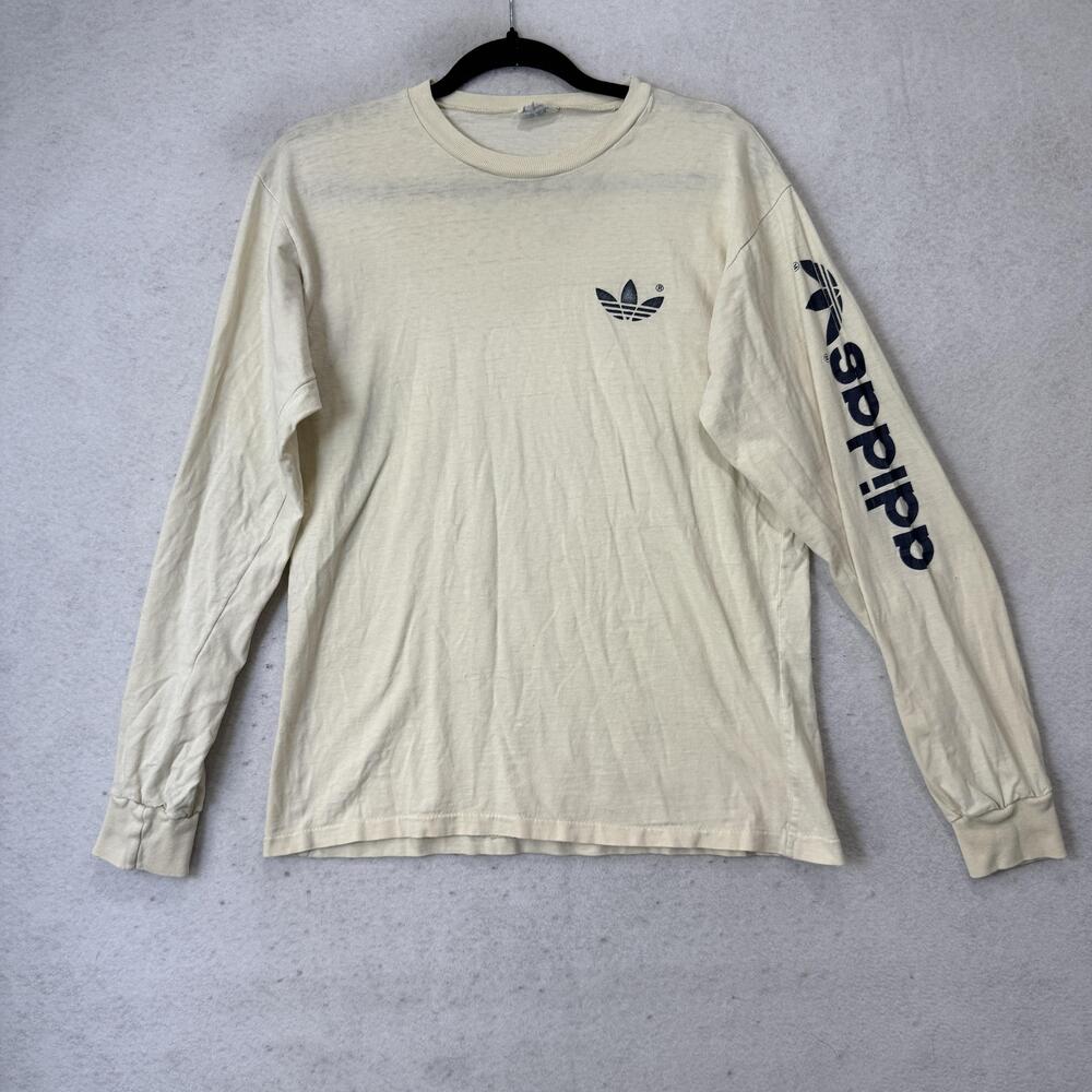Vintage Adidas Shirt Mens Large White Long Sleeve Trefoil Logo Graphic Tee